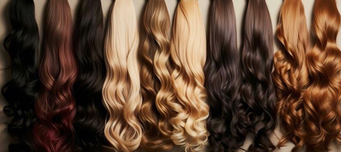 Hair extensions in various shades of black, brown, blonde and red.