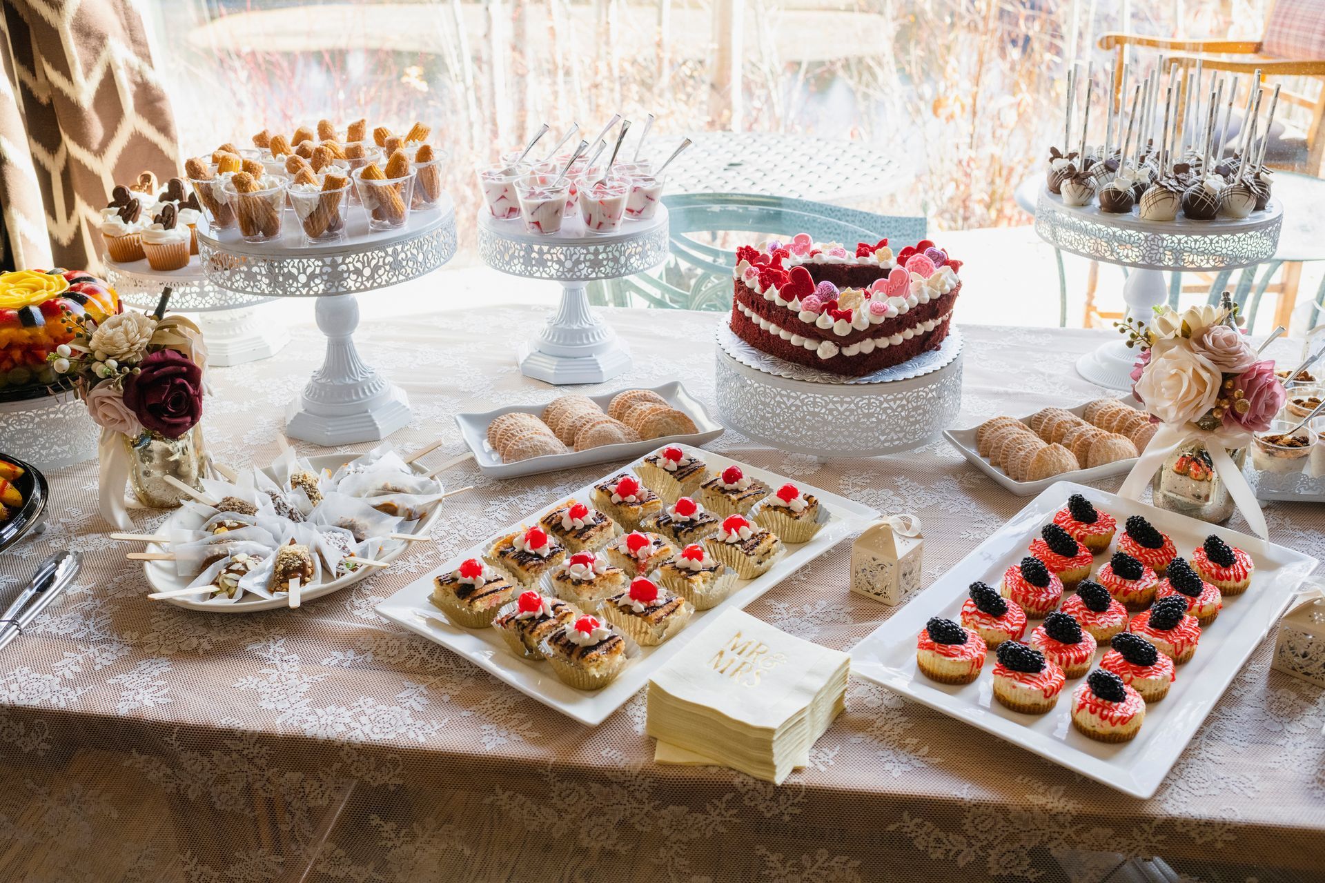 Pastries on buffet table.