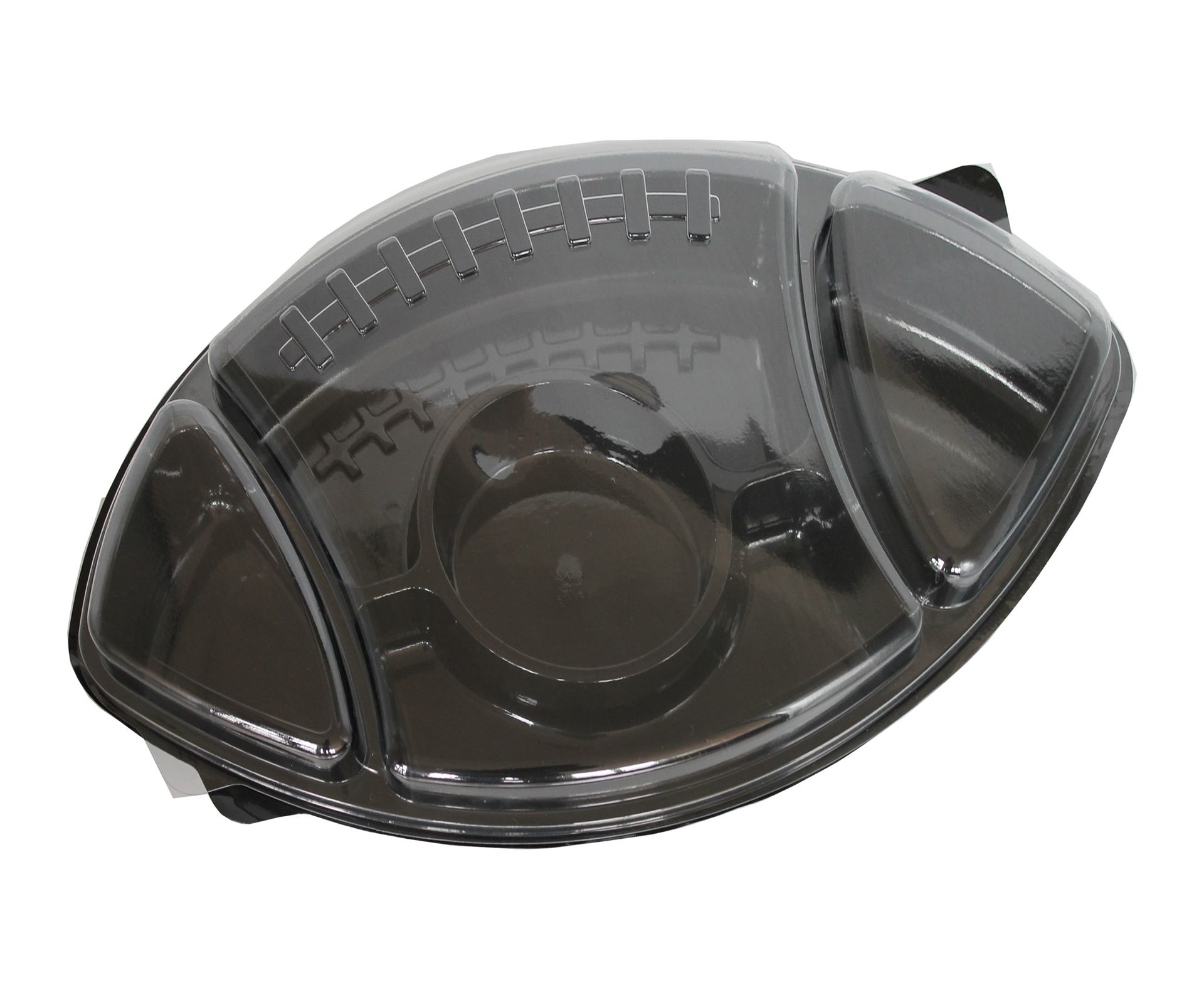 Black plastic thermoformed football-shaped food tray with compartments and clear lid.