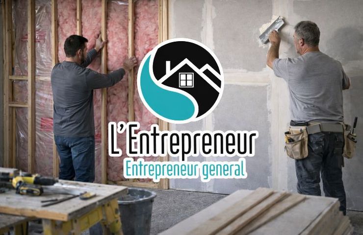 Deux ouvriers rénovent une pièce : l’un installe l’isolant, l’autre enduit les plaques de plâtre, sur lesquelles figure le logo de l’entreprise.