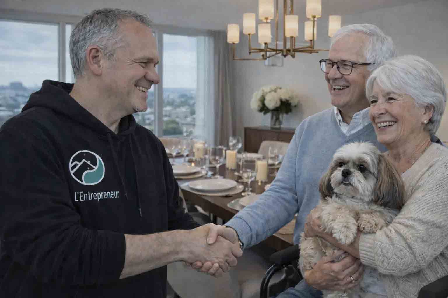 Dans une salle à manger lumineuse, une personne vêtue d'un sweat-shirt noir serre la main à un couple tenant un petit chien.