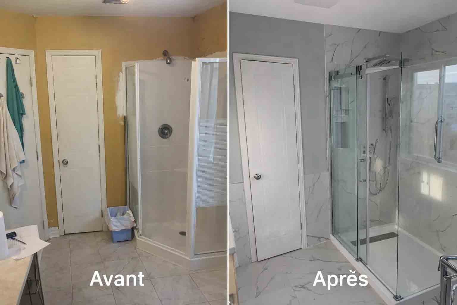 Comparaison avant/après d'une rénovation de salle de bains comprenant une nouvelle cabine de douche en verre et des carreaux muraux gris modernes.