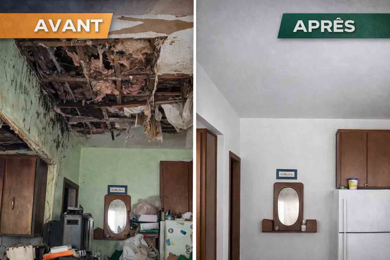 Comparaison avant et après rénovation intérieure d'une maison montrant un plafond endommagé réparé et repeint.