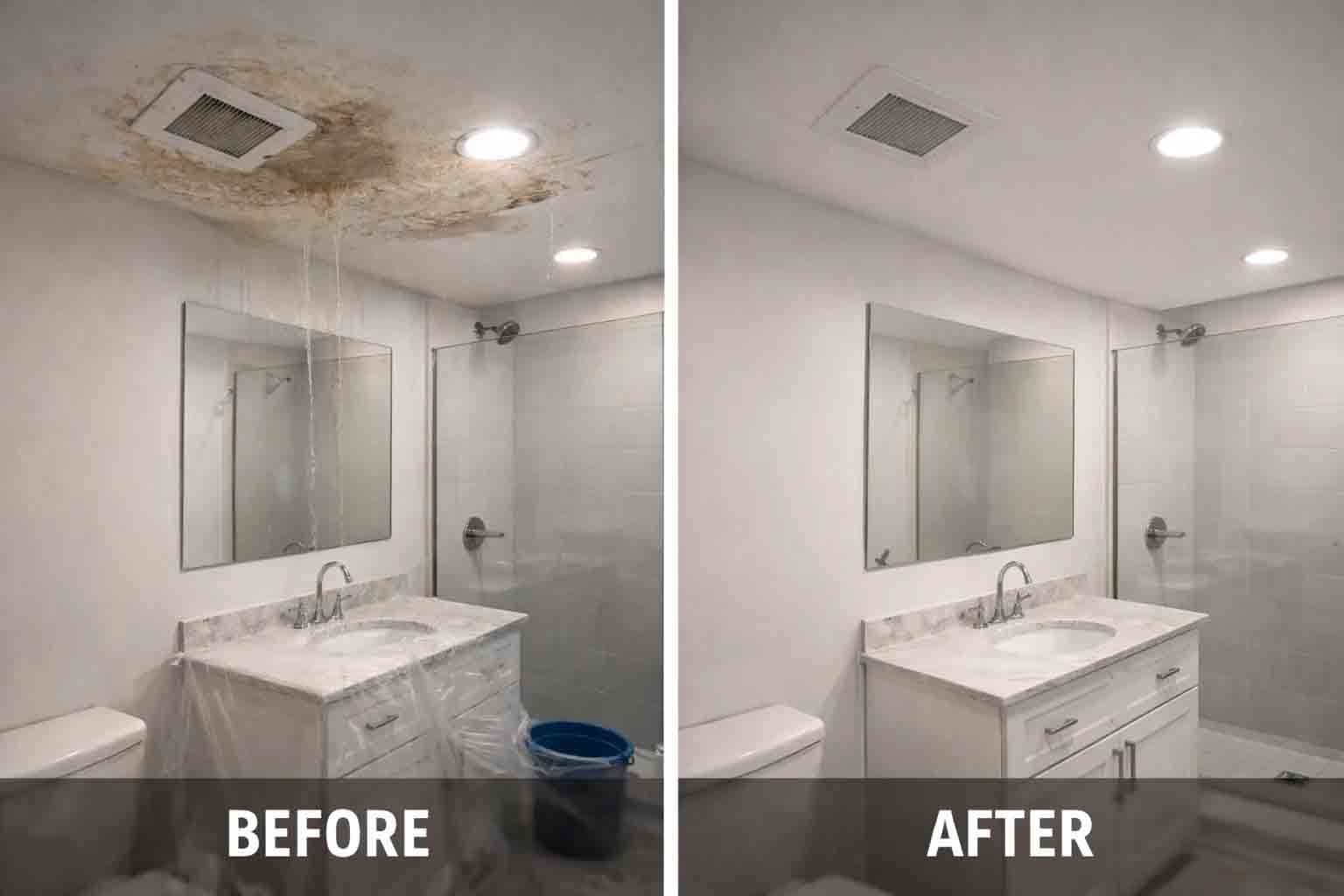 Comparaison avant/après d'un plafond de salle de bain montrant la réparation des dégâts d'eau et la peinture fraîche autour d'un ventilateur d'extraction.
