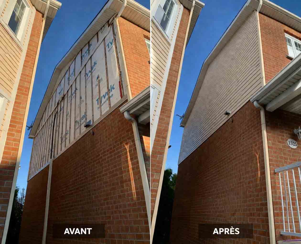 Photos avant et après la réparation d'un mur de maison résidentielle avec un nouveau revêtement en vinyle beige sur une membrane Tyvek.