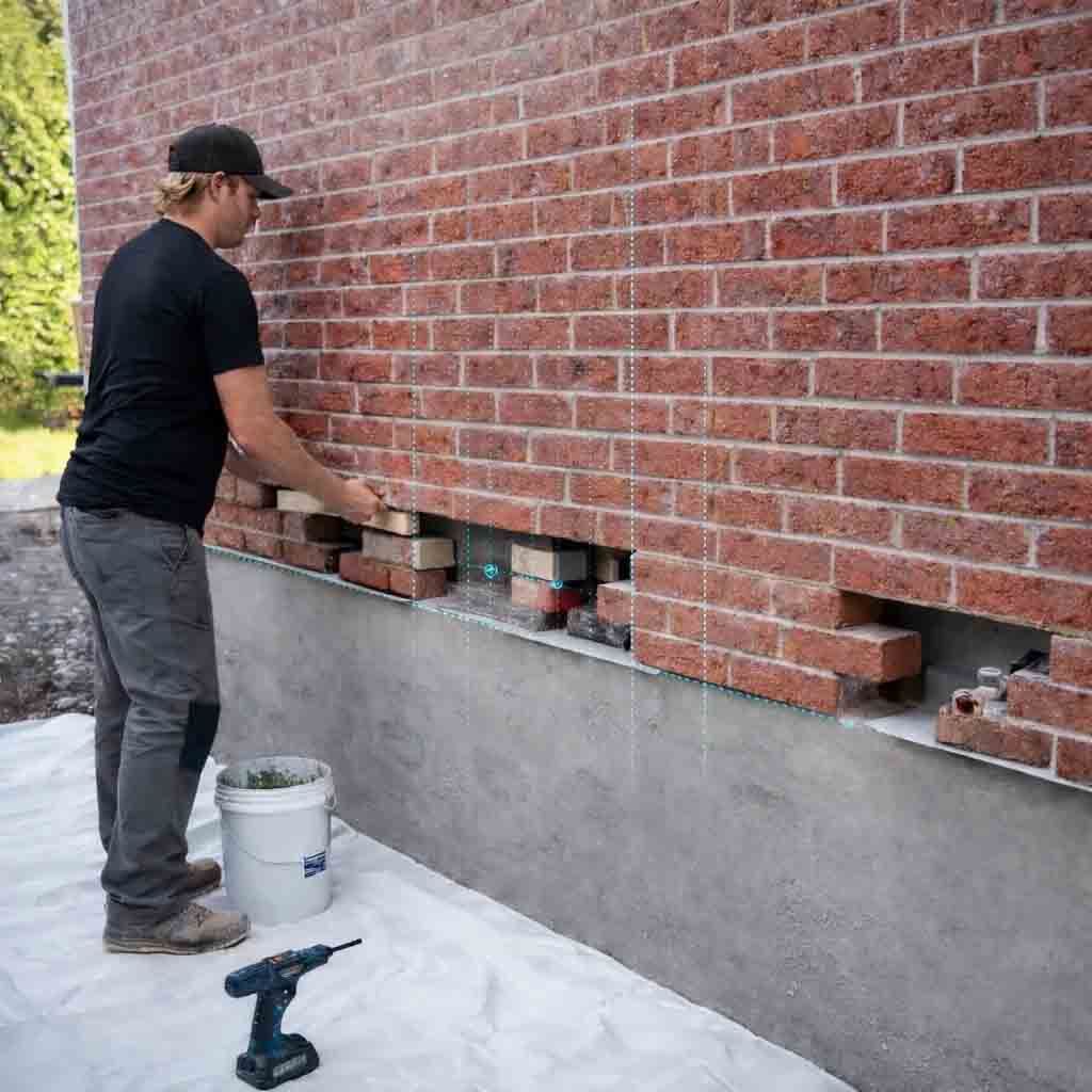 Une personne vêtue d'une chemise noire répare une partie d'un mur de briques rouges au-dessus de fondations en béton.
