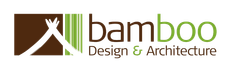 Logo pour Bamboo Design & Architecture présentant une icône de tente stylisée à côté du nom de la marque en caractères bruns et verts.