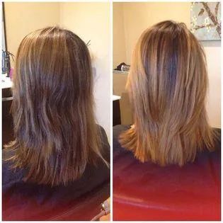 A before and after photo of a woman 's hair in a salon