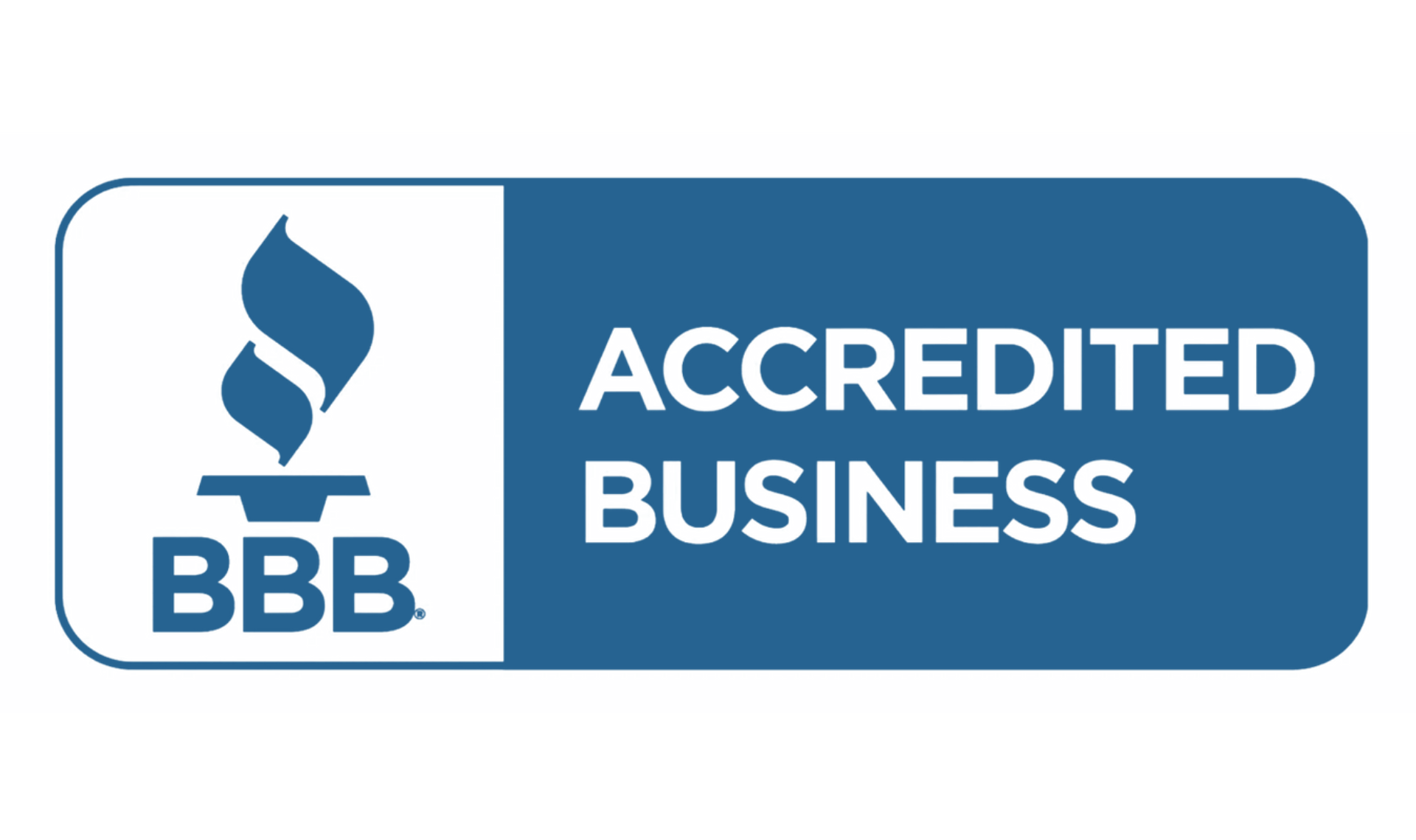 The bbb logo is blue and white and says accredited business.