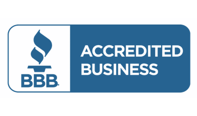 The bbb logo is blue and white and says accredited business.