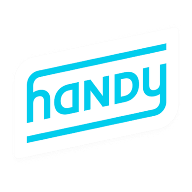 A blue handy logo on a white background