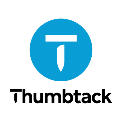 The logo for thumbtack is a blue circle with a white t in the middle.