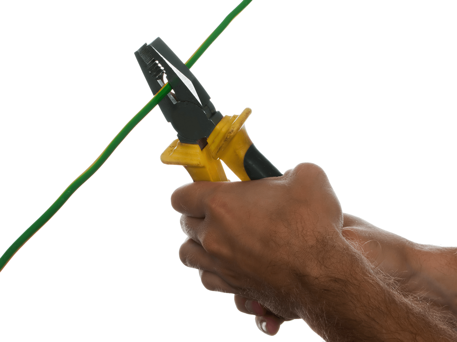 A person is using a pair of pliers to cut a green wire