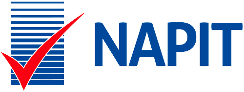 A blue and white logo for napit with a red check mark