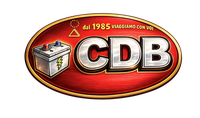 Logo CDB: ovale rosso con icona di batteria per auto, lettere metalliche 