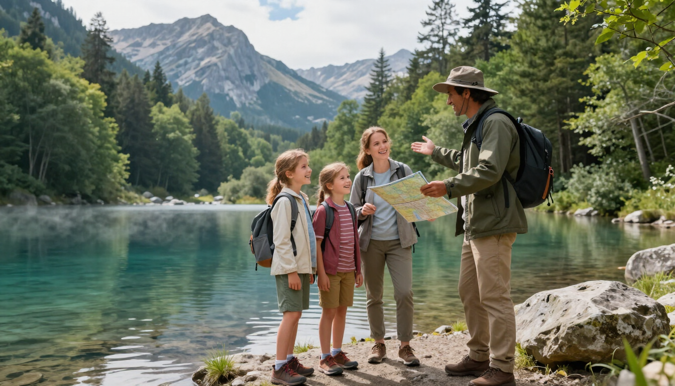 Un excursionista muestra un mapa a tres niños junto a un lago de montaña