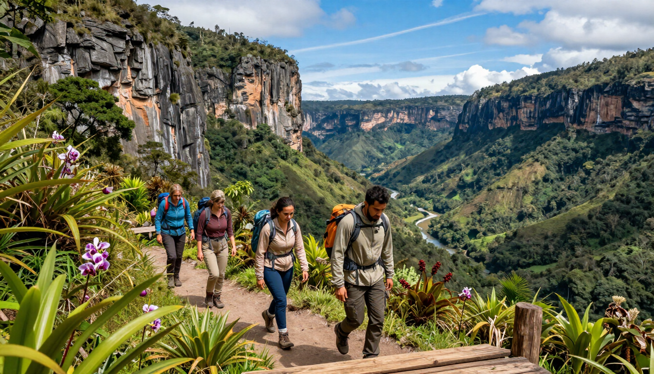 Senderistas en un sendero junto a un acantilado con vistas a un valle verde exuberante y a imponentes formaciones rocosas.