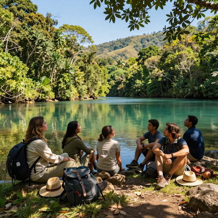 Grupo de excursionistas descansando junto a un lago turquesa en un valle boscoso y frondoso.