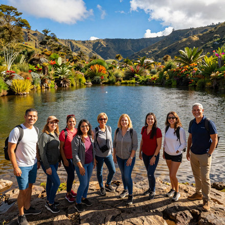 Grupo de ocho personas de pie junto a un lago con exuberantes montañas y brillantes plantas tropicales al fondo.