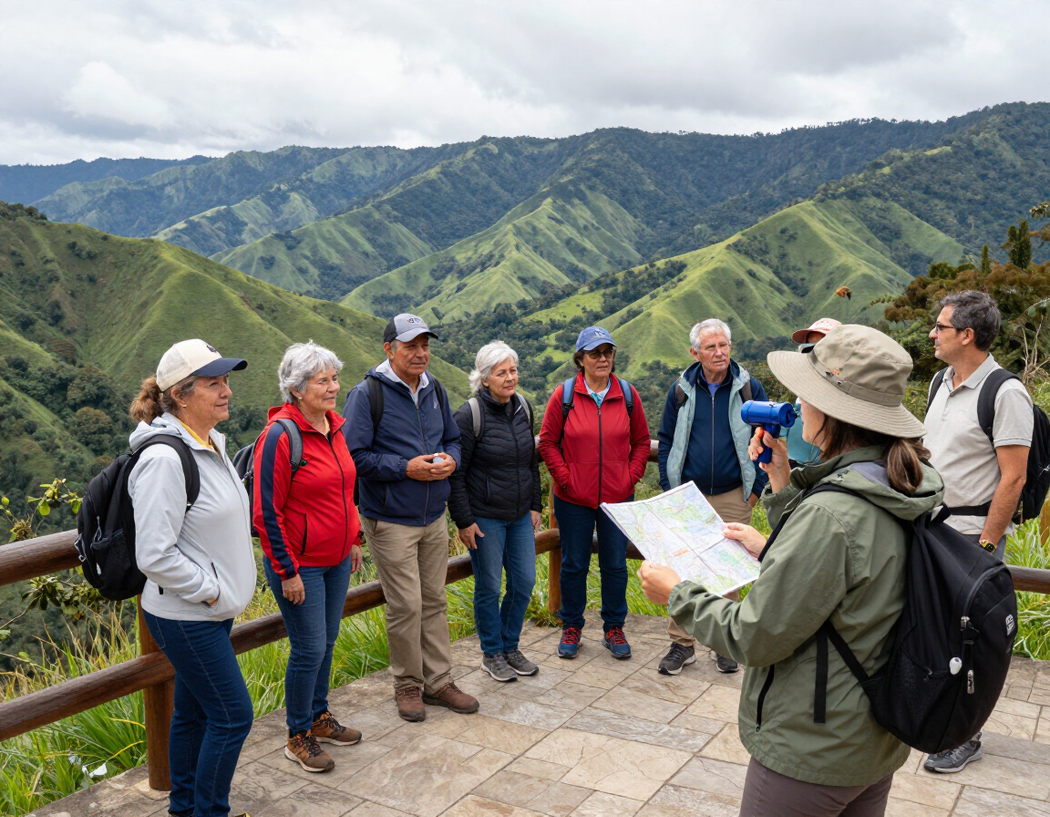 Un grupo de excursionistas escucha a un guía en un mirador de montaña con verdes valles al fondo.