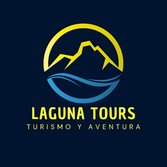 Logotipo de Laguna Tours con montaña amarilla, olas azules y “Turismo y Aventura” sobre fondo azul oscuro.