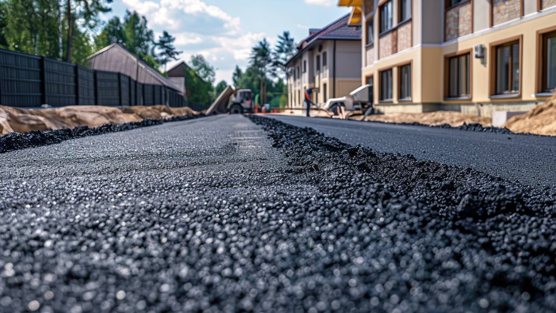 People laying new asphalt for a residential complex at Tates Creek Paving near Lexington, Kentucky