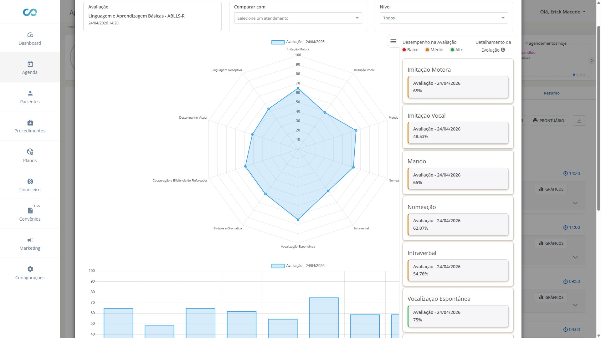 Gráfico de um atendimento que foi aplicado protocolos ABA (VB-MAPP, ABLLS-R, AFLS, CARS, Portage)em um paciente