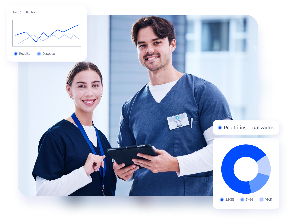 Um homem e uma mulher estão de pé, um ao lado do outro, segurando um tablet.