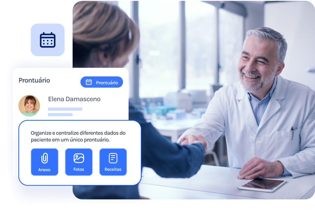 Um médico aperta a mão de um paciente em uma mesa.
