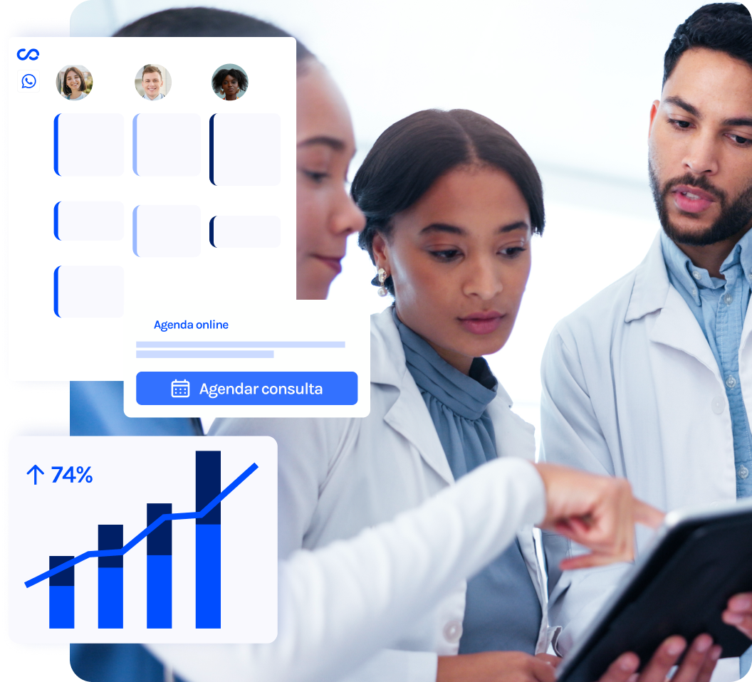 Um grupo de pessoas está olhando para um tablet com um gráfico ao fundo