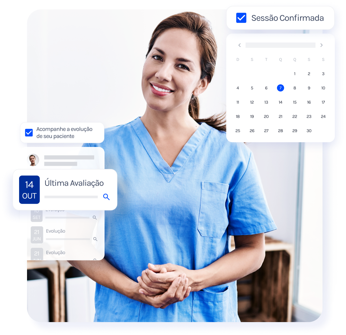 Uma mulher com um uniforme azul está parada em frente a um calendário.