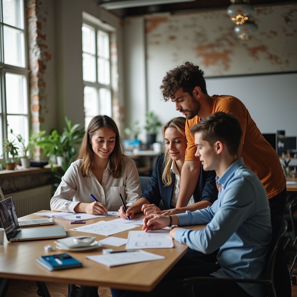 Four people at a table reviewing papers in a brightly lit office.