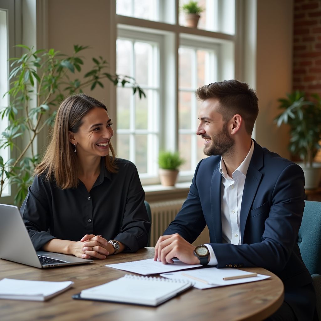 Woman and man smiling at each other, seated at a table with documents and a laptop, in a bright room.