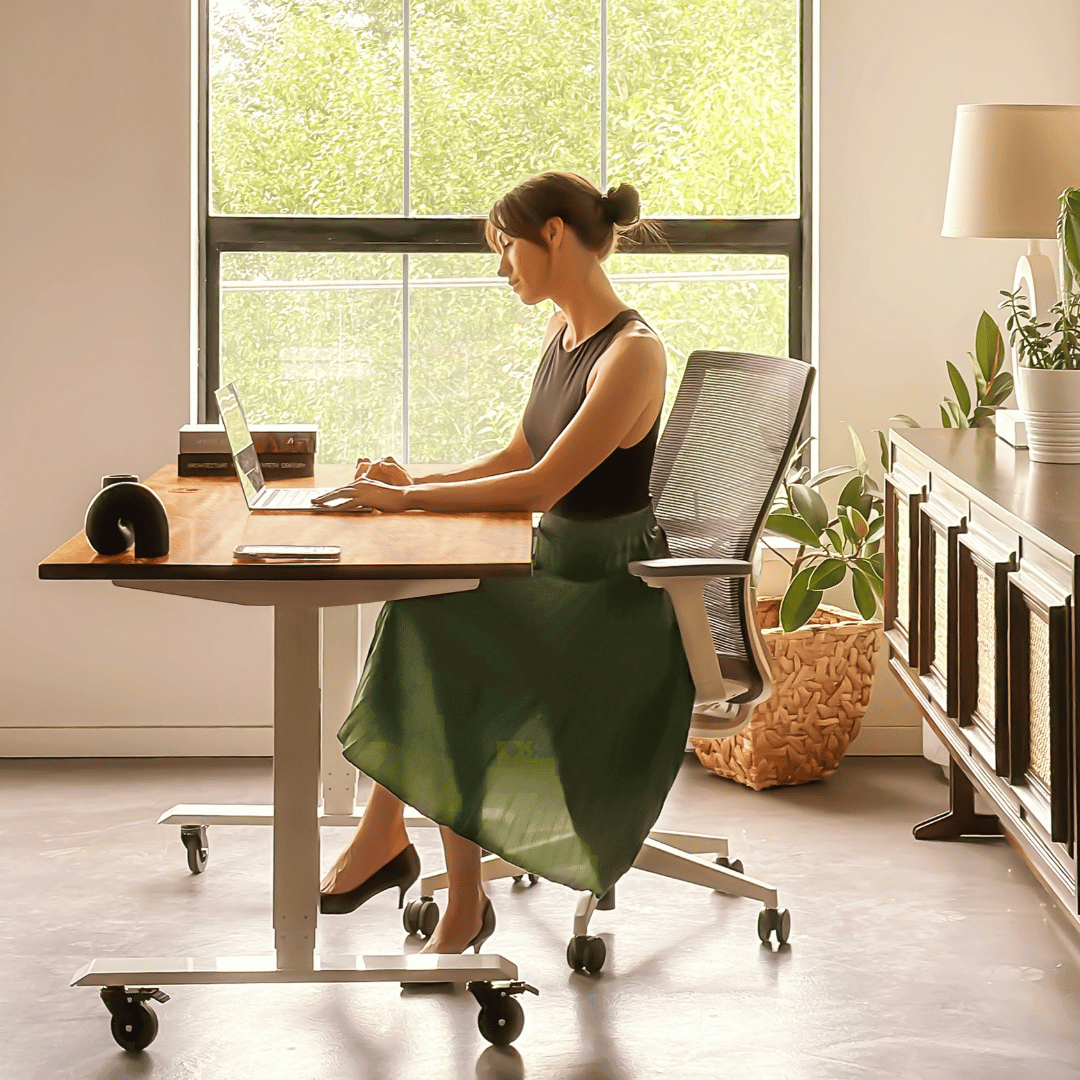 Woman working on laptop at a desk near a window, sitting in an ergonomic chair.