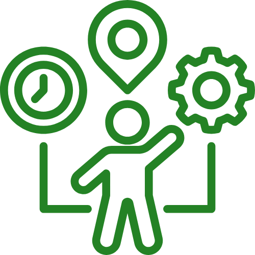 Green line-art icon showing a person centered between symbols for time, location, and technical settings.