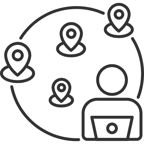 A black and white icon of a person , a laptop , a cup and a globe.