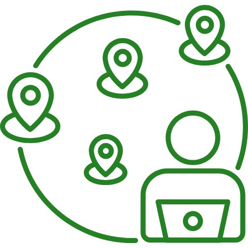 A green icon of a person , a laptop , a cup and a globe.