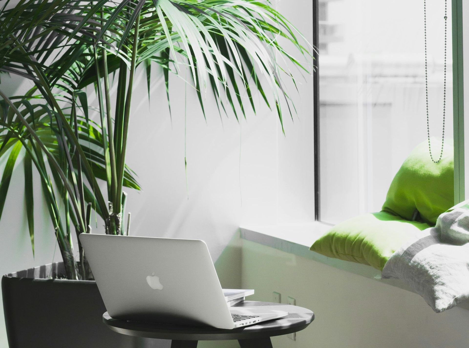 A laptop is sitting on a table next to a potted plant.
