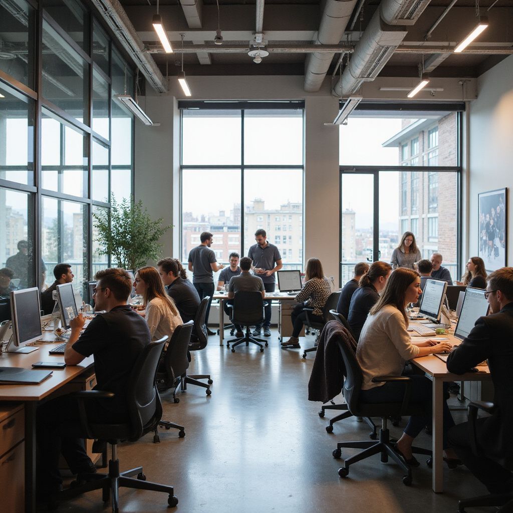 Office with people working at desks, large windows, natural light.