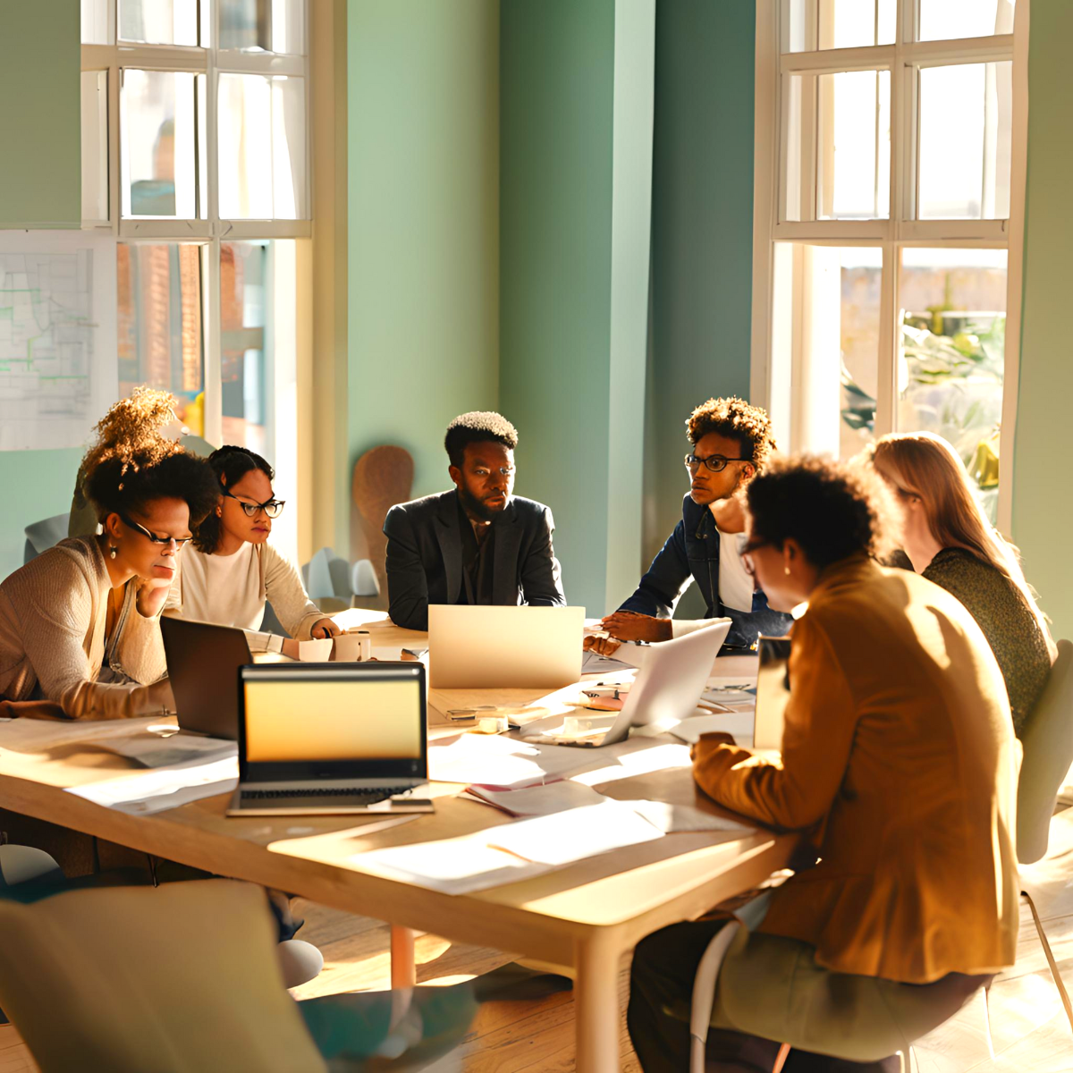 A group of people are sitting around a table with laptops.