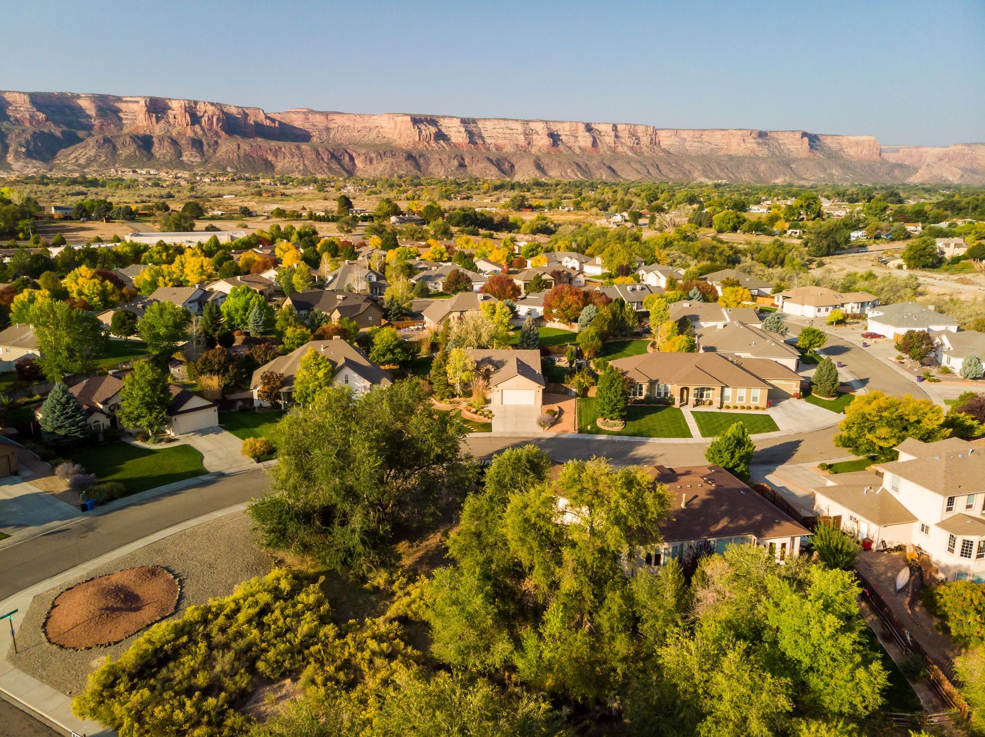 an aerial view of a residential area with a mountain in the background .