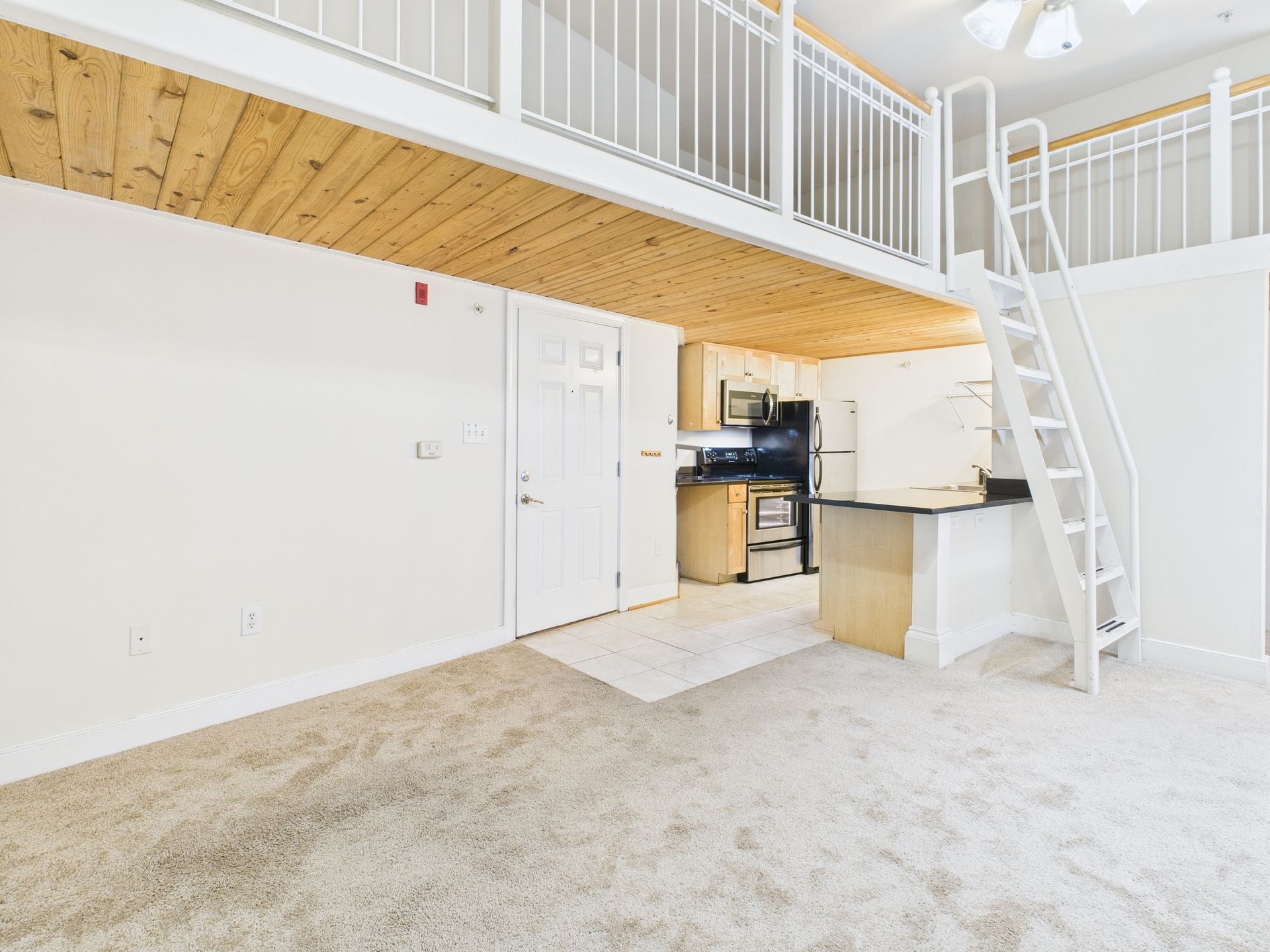 Loft apartment interior with kitchen, living space, and a ladder to the upper level.