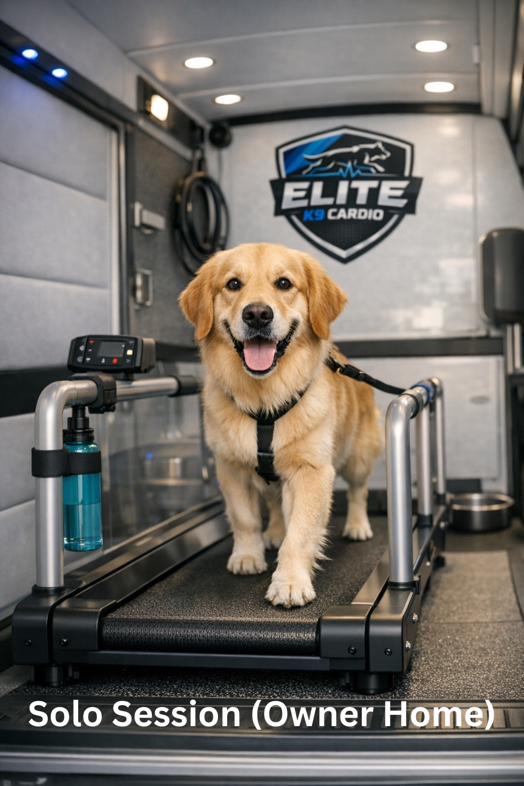 Golden retriever standing on a treadmill inside a mobile dog training trailer, tongue out and wearing a harness.