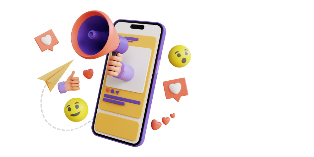 a hand is holding a megaphone in front of a cell phone in a 3d image