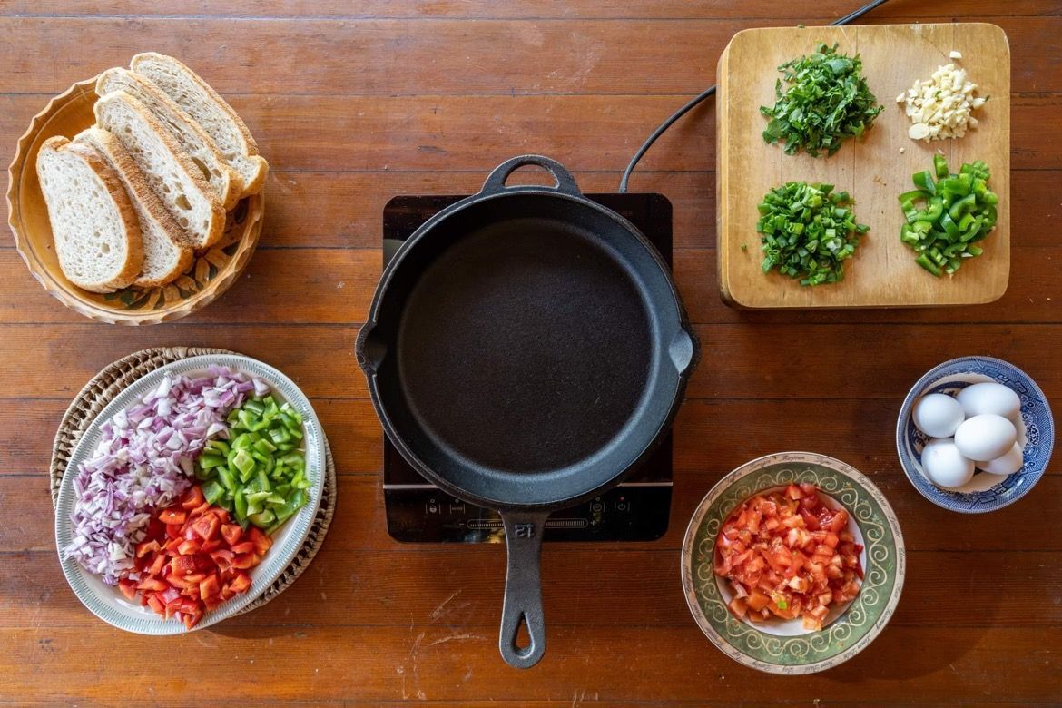 Castle Iron Cookware Kickstarter video aerial shot with bright vegetables