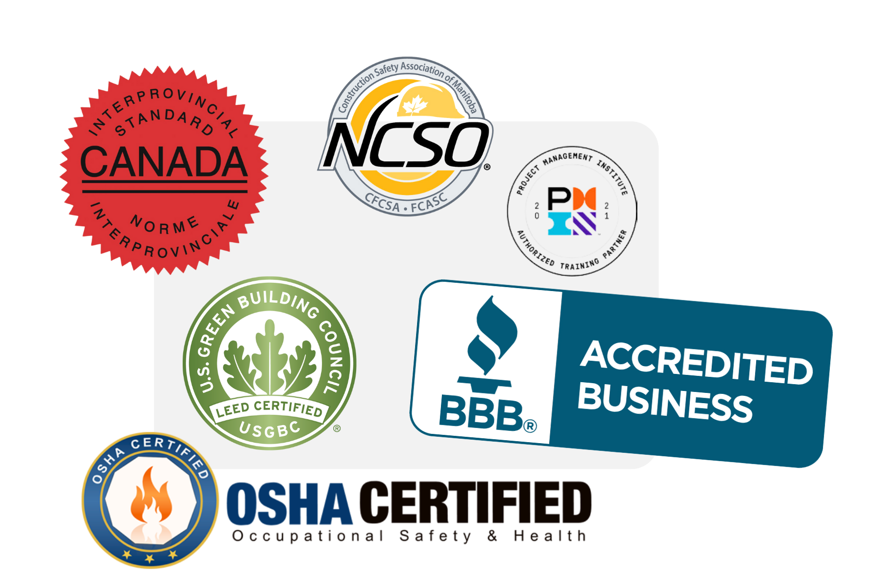 a collage of logos including ncso canada bbb and osha certified