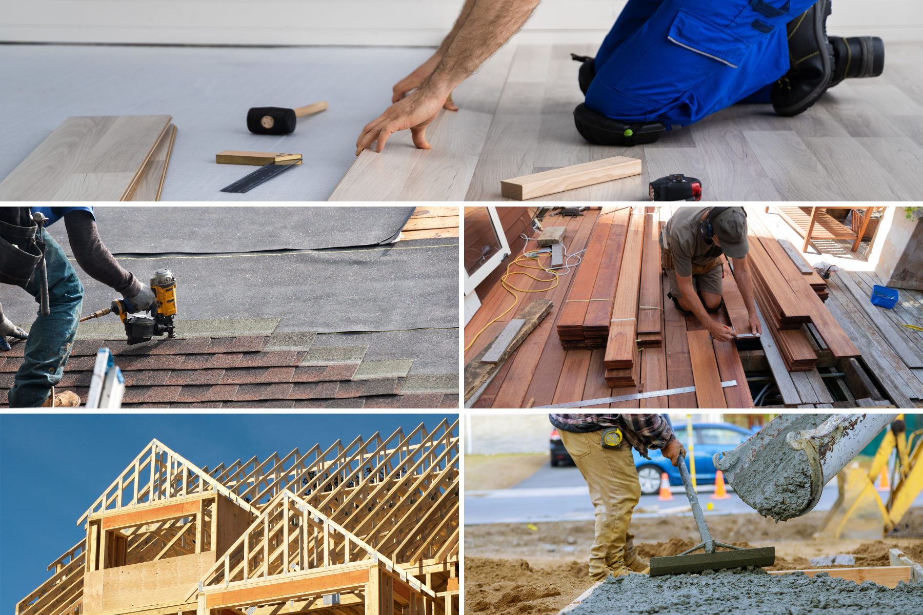 a collage of pictures of people working on a house under construction .