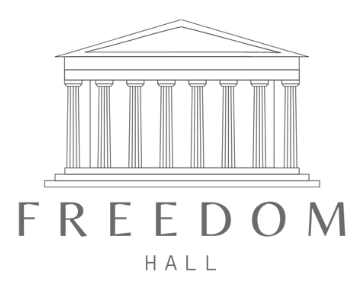 a black and white logo for the freedom hall