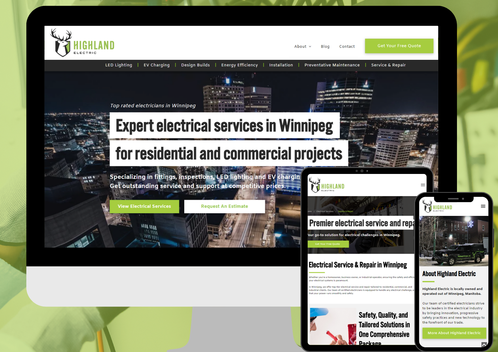a computer , tablet , and cell phone displaying a website for electrical services in winnipeg for residential and commercial projects .