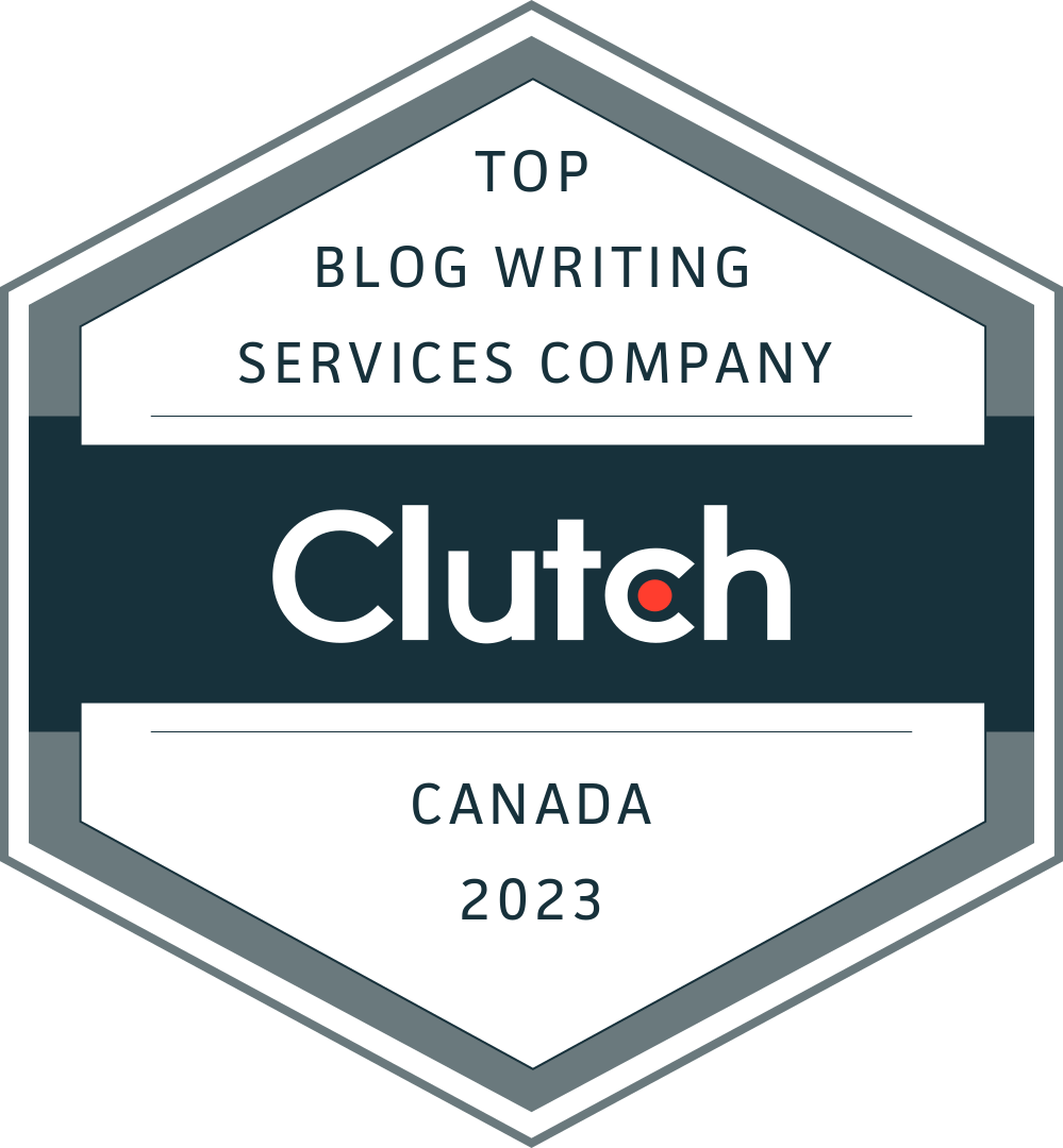 a badge with the words top blog writing services company Canada 2023 by Clutch